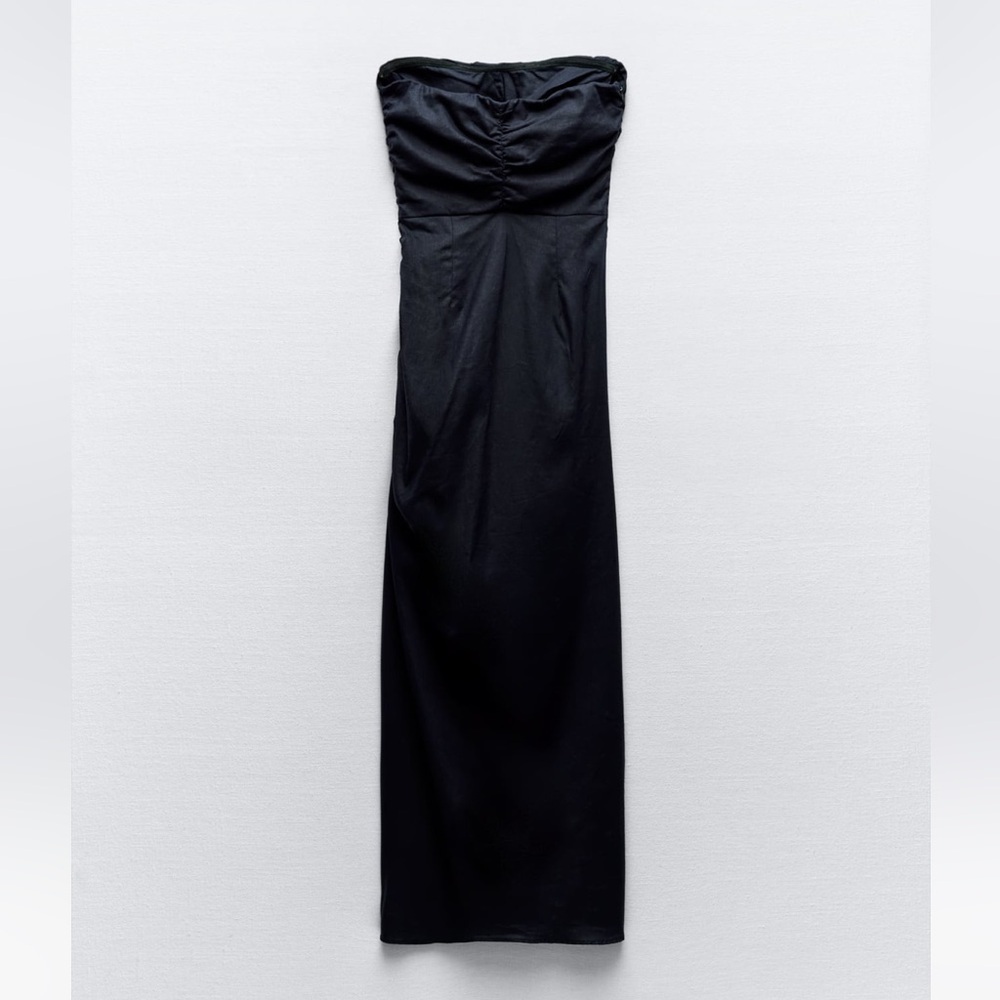 New ZARA Linen Bland Ruched Strapless Midi Dress - Picture 4 of 7